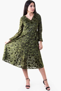 Buy Velvet Floral Dress Green in UAE