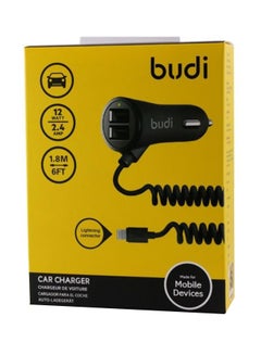 Buy Dual USB Port Car Charger With Coiled Lightning Cable For Apple iPhone Black in UAE