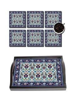 Buy 6-Piece Printed Coaster With Wooden Tray Set Blue/White/Green in Egypt