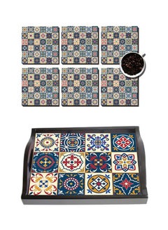 Buy 6-Piece Printed Coaster With Wooden Tray Set Blue/Beige/Red in Egypt