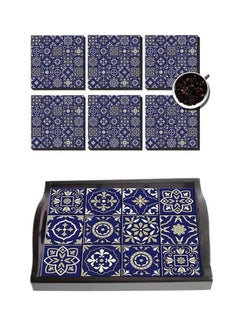 Buy 6-Piece Printed Coaster With Wooden Tray Set Blue/Beige/White in Egypt