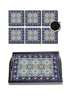 Buy 6-Piece Coaster With Tray Set Blue/White/Green in Egypt