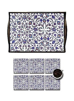 Buy 6-Piece Coaster With Serving Tray White/Blue/Black in Egypt