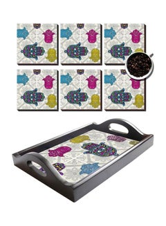 Buy 6-Piece Coaster Set With Kaf Tile Tray Multicolour 9x9cm in Egypt