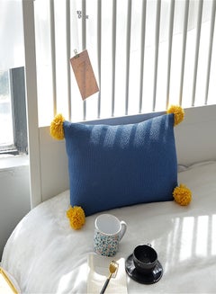 Buy Knitted Pompoms Ball Rectangle Pillow Case Acrylic Blue 35x50cm in UAE