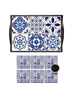 Buy 6-Piece Coaster With Serving Tray White/Blue in Egypt