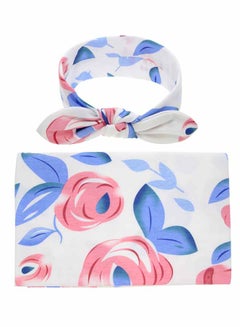 Buy 2-Piece Floral Printed Blanket And Bowknot Headband Set cotton Blue in UAE