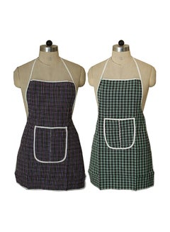 Buy Set Of 2 Checked Design PVC Kitchen Apron With Front Pocket Green/Purple 74 x 51cm in Egypt