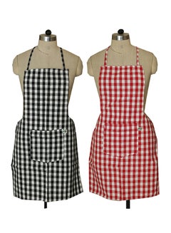 Buy Set Of 2 Checked Design Cotton Kitchen Apron With Front Pocket Black/Red 72.5 x 50cm in Egypt