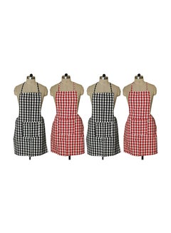 Buy Set Of 4 Checked Design Cotton Kitchen Apron With Front Pocket Red/Black 74 x 51cm in Egypt