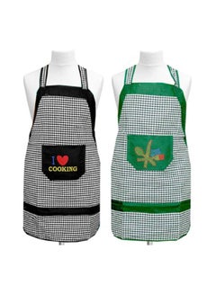 Buy Set Of 2 Checked Design Cotton Kitchen Apron With Front Pocket Green/Black 29 x 20inch in Egypt