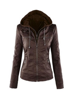 Buy Hooded Faux Leather Jacket Brown in Saudi Arabia