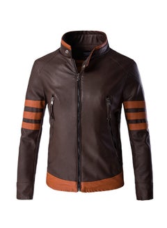 Buy PU Leather Stand Collar Zipper Jacket Brown in Saudi Arabia