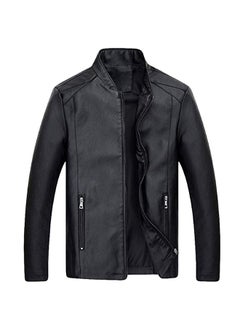 Buy PU Leather Stand Collar Zipper Jacket Black in Saudi Arabia