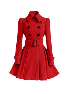 Buy Long Sleeves Woolen Swing Coat With Belt Red in Saudi Arabia