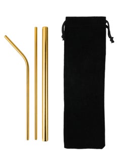 Buy 3-Piece Reusable Straw Set With Bag Gold/Black in Saudi Arabia