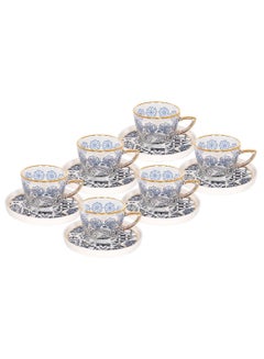 Buy 12-Piece Tea Cup And Saucer Set Clear/Blue/White 8.2x5.8x4.3centimeter in Saudi Arabia