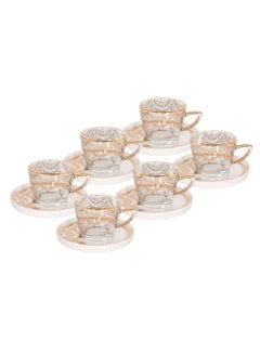 Buy 12-Piece Tea Cup And Saucer Set Gold/Clear/White 14.5inch in Saudi Arabia