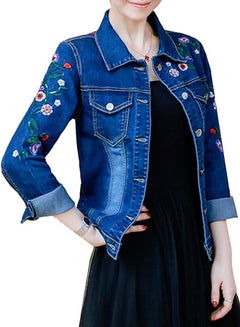 Buy Floral Embroidery Denim Jacket Blue in UAE