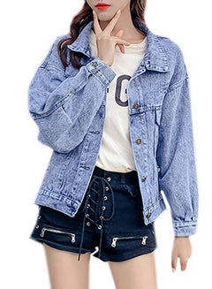 اشتري Turn Down Collar Long Sleeve Denim Jacket أزرق في الامارات