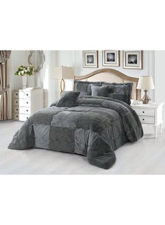 Buy 6-Piece Double Comforter Set Faux Fur Grey in UAE