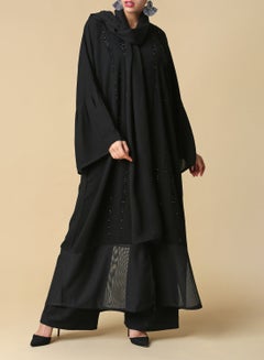 Buy Mesh Hem Embellished Abaya Black in Saudi Arabia