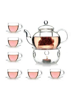 Buy 8-Piece Double Glass Tea Cups With Tea Pot Set Clear in UAE