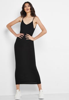 Buy Ribbed Low Back Cami Maxi Dress Black in UAE
