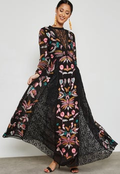 Buy Embroidered Plunge Maxi Dress Black in Saudi Arabia