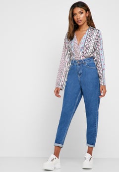 Buy Solid Pattern High Waisted Jeans Blue in Saudi Arabia