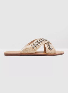 Buy Cross Front Sandal With Embellishment Beige/Silver in UAE