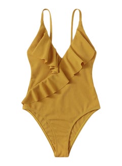 اشتري لباس سباحة بتصميم مكشكش وجميل وفتحة رقبة على شكل حرف "V"، لون سادة أصفر في الامارات