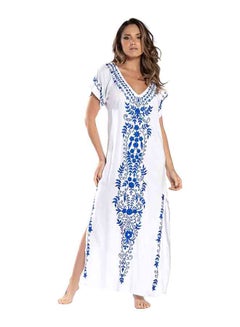 Buy V Neck Short Sleeve Floral Pattern Beach Maxi Long Dress Dress White in Saudi Arabia