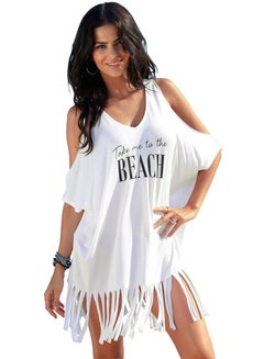 Buy V Neck Half Sleeve Letter Pattern Tassel Loose Cover-Up White in Saudi Arabia