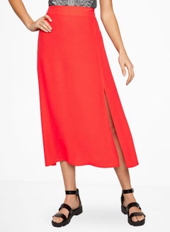 Buy Solid Design Side Slit Midi Skirt Red in UAE