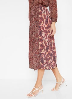 Buy Multi Print Paisley Pleated Skirt Maroon in UAE