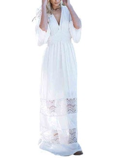 Buy V Neck Three Quarters Sleeve Hollow Out Long Cover Up Dress White in Saudi Arabia