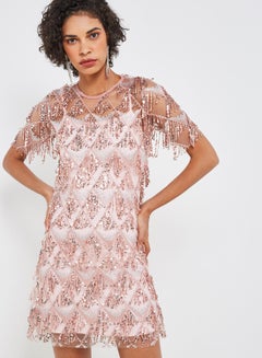 Buy Embellished Round Neck Shift Mini Dress Blush Pink in Saudi Arabia
