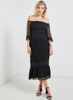 Buy Solid Design Lace Sleeves Midi Dress Black in Egypt