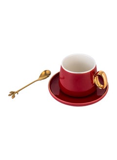 Buy 3-Piece Ceramic Cup And Saucer Set Red/White/Gold 15x10x5centimeter in Saudi Arabia