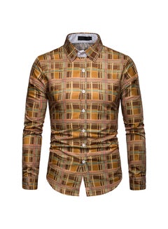 Buy Long Sleeves Collared Neck Shirt Yellow/Brown in Saudi Arabia
