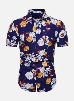 Buy Foral Print Short Sleeves Collared Neck Shirt Blue/White/Yellow in Saudi Arabia