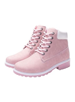 Buy Faux Leather Lace-Up Boots Pink/White in UAE