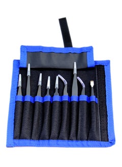 Buy Pack Of 9 Anti- Static Stainless Steel Tweezer With Bag Black/Silver/Blue in UAE