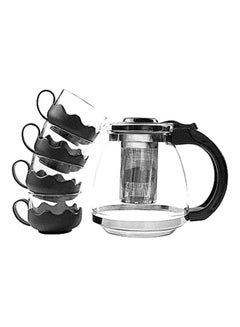 Buy 5-Piece Cup And Teapot Set Clear/Black in Egypt