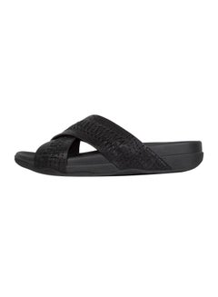 Buy Surfer Slide Woven Leather Croc Emboss Black in UAE