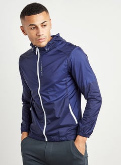 Buy Solid Design Hooded Neck Jacket Blue in Saudi Arabia