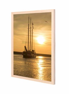 Buy Boat On Body Of Water Sun Wooden Framed Wall Art Painting Brown/Gold 43x53cm in Saudi Arabia