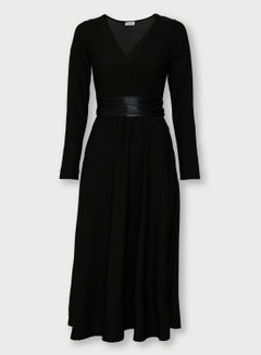 Buy Wrap Front Belted Midi Dress Black in UAE