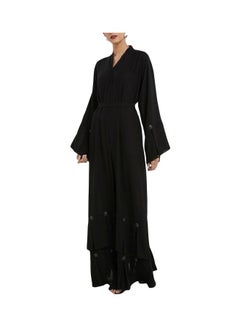 Buy Embroidered Pattern Abaya With Waist Belt Black in UAE